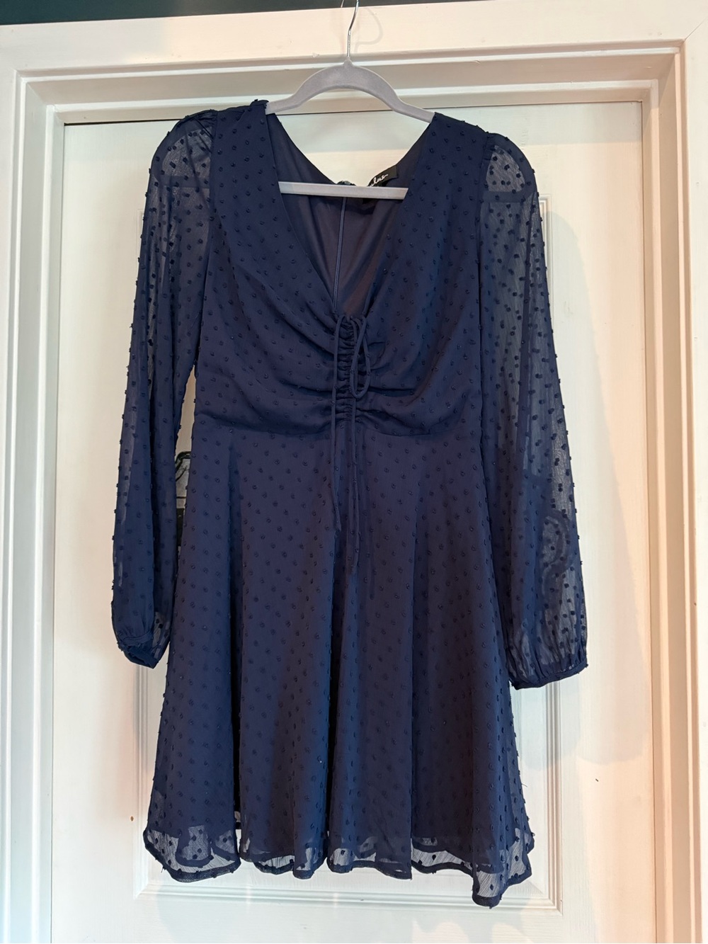 Lulu's Navy Textured Dot Mini Dress with Tie-Front